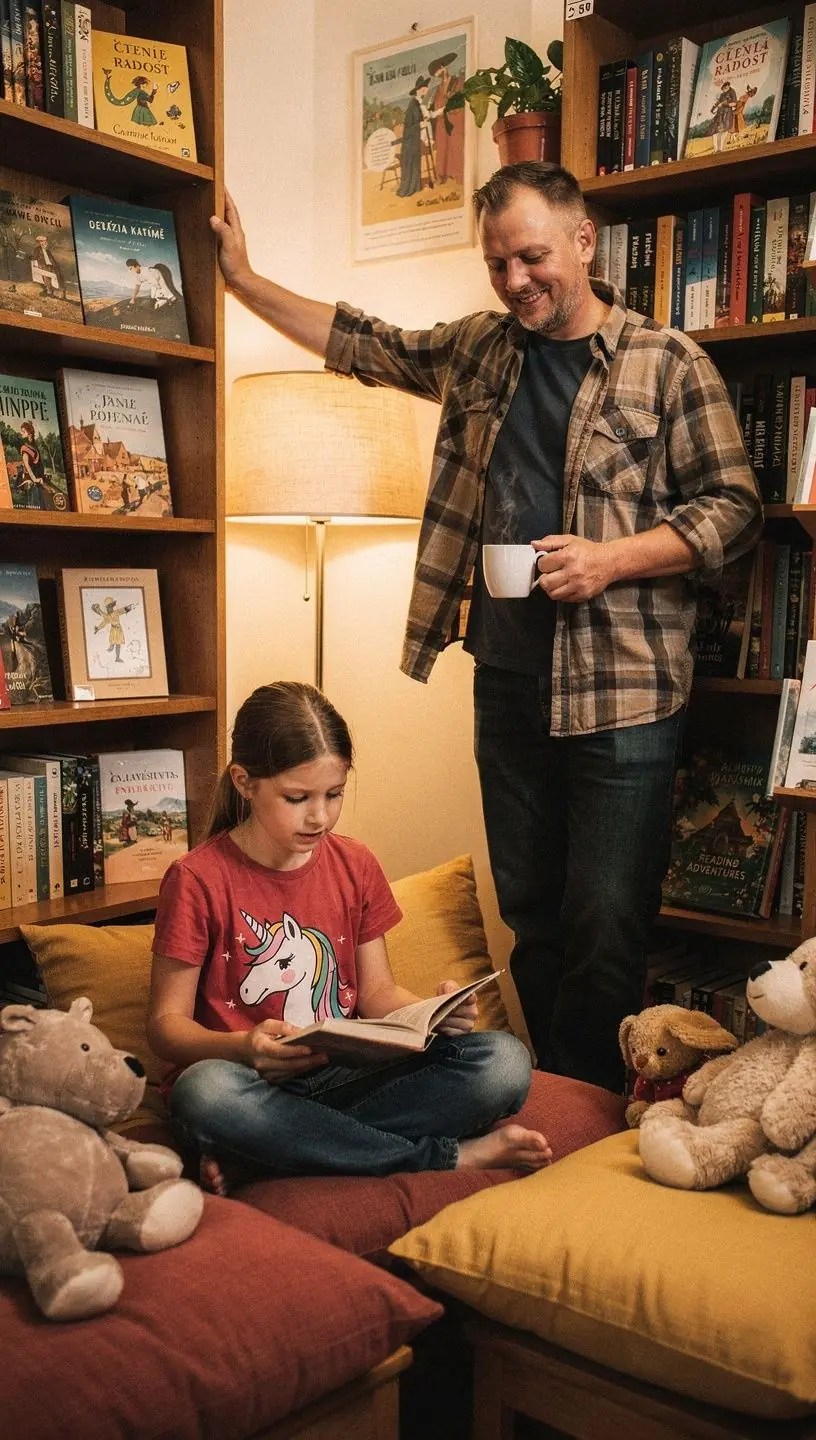 Rodič s dítětem, které společně prohlíží kapitolu knihy ve svém oblíbeném koutku.